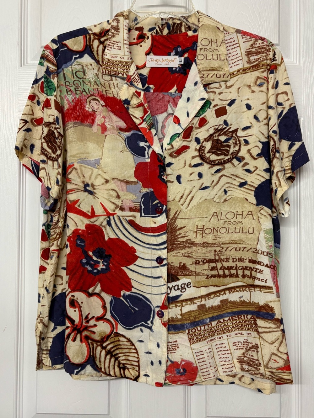 Vintage Jams World Hawaiian Print Button Front Top Sz L